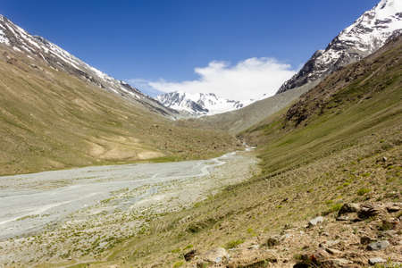 Beautiful panoramic landscape of barren mountains of Zanskar in the Great Himalayan range in Ladakh.