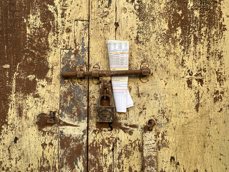 Panjim, Goa, India - January 2023: Old weathered surface of a wooden door of an abandoned house locked with a rusty pad lock.の写真素材