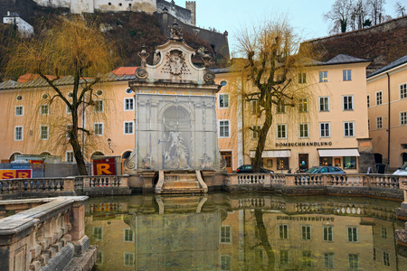 SALZBURG / AUSTRIA - FEBRUARY 24, 2016. Horse well at the Kapitelplatz Square. Salzburg, Austriaのeditorial素材