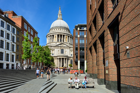 LONDON / UNITED KINGDOM - SEPTEMBER 1. View of the Cathedral Church of St Paul the Apostle from Peter's Hill Street on September 1, 2016. London, UKのeditorial素材