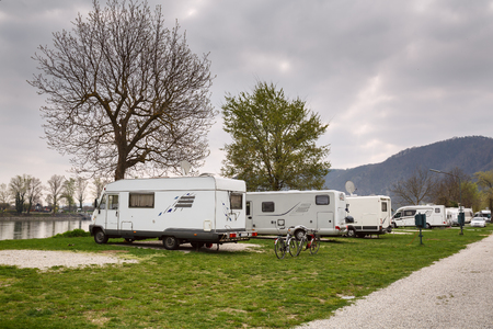 A campsite for RVs at the bank of the river Danube opposite the town Duernstein. Lower Austria.のeditorial素材