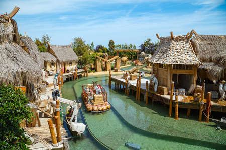 PORT AVENTURA, SPAIN - MAY 11, 2015. Interactive water attraction Angkor - an imitation of a Cambodian fishing village. Theme Park Port Aventura, Salou, Spainのeditorial素材
