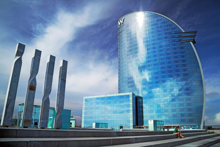 BARCELONA, SPAIN - SEPTEMBER, 29. The hotel W Barcelona on September 29, 2014, also known as the Vela sail hotel, designed by Richardo Bofill. Barcelona, Spain.のeditorial素材