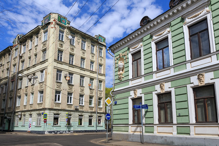 Old houses on Podsosensky-lane: The former mainsion of V. E. Morozov (built 1878) and the former profitable house (built 1910). Moscow, Russiaの写真素材