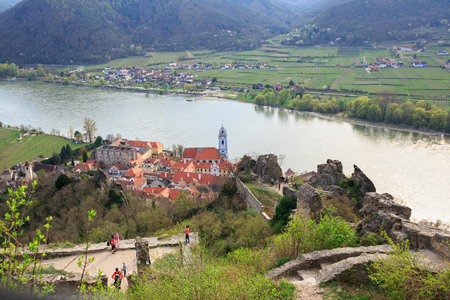 DUERNSTEIN, AUSTRIA - APRIL 2, 2017. Aerial view of the medieval monastery Duernstein (established in 1410) on the river Danube in the Wachau valley. Krems-Land district, Lower Austriaのeditorial素材