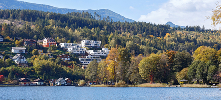 Autumn landscape, Millstatt lake. Spa town of Seeboden, Carinthia, Alps mountains, Austriaの写真素材