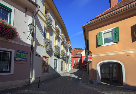 MURAU, AUSTRIA - OCTOBER 7, 2017. Beautiful one-way street in the historical town center of Murau. Styria, Austria.のeditorial素材