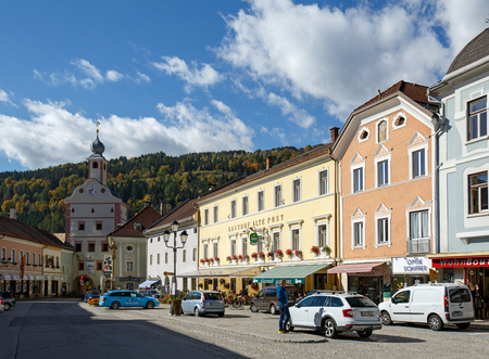 GMUEND IN KAERNTEN, AUSTRIA - OCTOBER 10, 2017. Historical downtown. Gmuend in Kaernten, district of Spittal an der Drau, federal state of Carinthia.のeditorial素材
