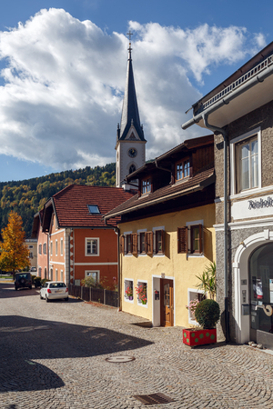GMUEND IN KAERNTEN/ AUSTRIA - OCTOBER 10, 2017. Historical center of Gmuend with the gothic parish church. Gmuend in Kaernten, district of Spittal an der Drau, federal state of Carinthia, Austriaのeditorial素材