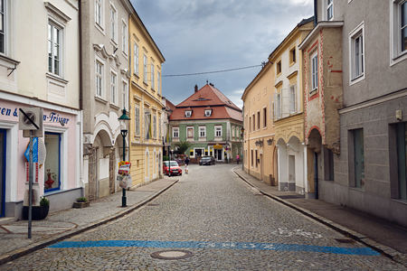 YBBS AN DER DONAU, AUSTRIA - JULY 8, 2018. Old cobbled street in the historical centre of the town of Ybbs an der Donau. Lower Austria, Europe.のeditorial素材