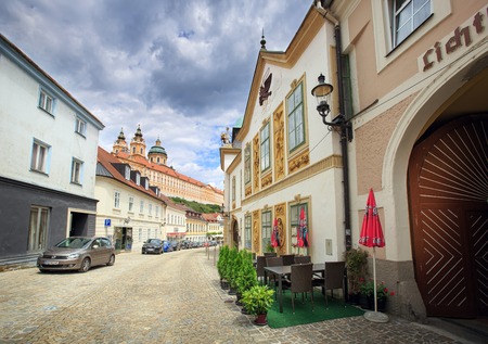 MELK, AUSTRIA - JULY 8, 2018. Old cobbled street leading to the Melk Abbey - ancient Benedictine monastery above the town of Melk. Lower Austria, Europe.のeditorial素材