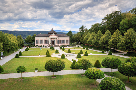 MELK, AUSTRIA - JULY 8, 2018. View of the garden pavilion of the 18th century in the Baroque style in the Park of the Melk Abbey. Melk, Lower Austria, Europe.のeditorial素材