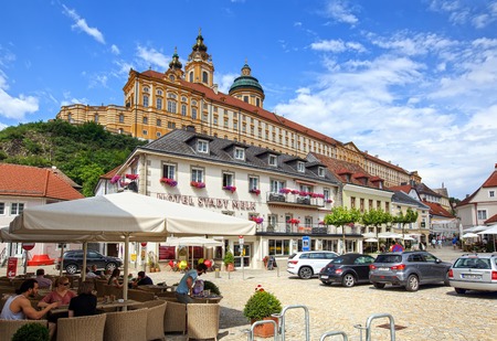MELK, AUSTRIA - JULY 8, 2018. Historical centre of town. View of the Melk Abbey - ancient Benedictine monastery above the town of Melk. Lower Austria, Europe.のeditorial素材