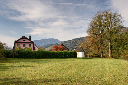 View of the town of Altenmarkt bei Sankt Gallen in the fall. District Liezen, state of Styria, Austria, Europe.のeditorial素材