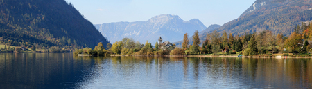 Grundlsee Castle on the sunny autumn day, located on the shore of lake Grundlsee. Grundlsee, region...
