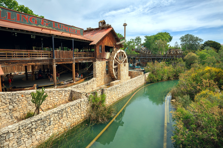 PORT AVENTURA, SPAIN - AUGUST 1, 2016. Attraction Silver River Flume located in the Far West theme area of the theme park Port Aventura. City of Salou, Catalonia, Spain.のeditorial素材