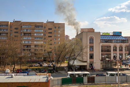 BALASHIKHA, RUSSIA - APRIL 21, 2019. Fire in the restaurant Dyushes. City of Balashikha, Moscow region Russiaのeditorial素材