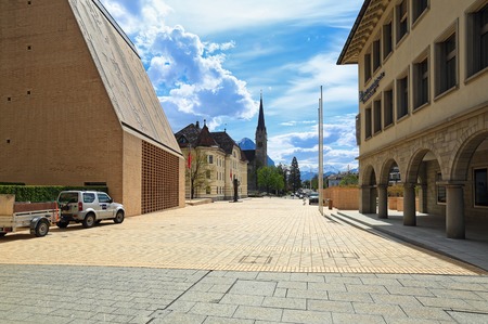 VADUZ, LIECHTENSTEIN - APRIL 16, 2019. Staedtle street in the city centre on a sunny spring day. City of Vaduz, Liechtenstein.のeditorial素材
