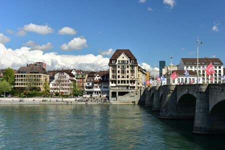 BASEL, SWITZERLAND - APRIL 17, 2019. View of the Middle Bridge across the Rhine river on a spring...