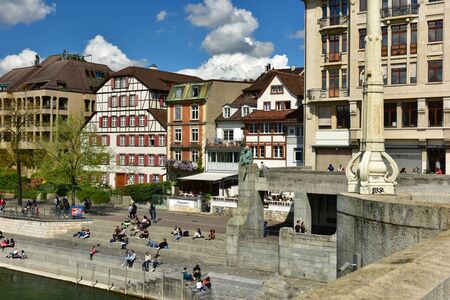 BASEL, SWITZERLAND - APRIL 17, 2019. View from the Middle Bridge at the embankment of the Rhine river. City of Basel, Switzerland, Europe.のeditorial素材