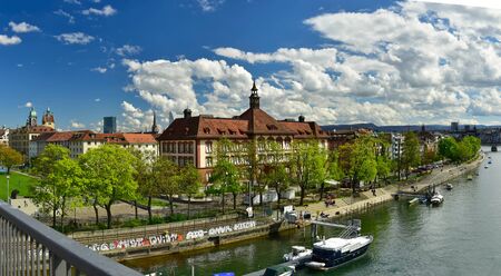 BASEL, SWITZERLAND - APRIL 17, 2019. Panorama of the Rhine Embankment. City view from the...