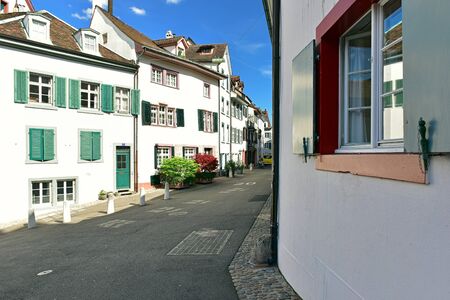 BASEL, SWITZERLAND - APRIL 17, 2019. Old town. View of the Heuberg street with beautiful historical residential houses. City of Basel, Switzerland, Europeのeditorial素材