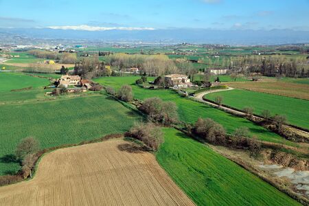 Aerial view of the suburb of the Spanish city of Vic on a sunny spring day. Vic, province of Barcelona, Spain,の写真素材