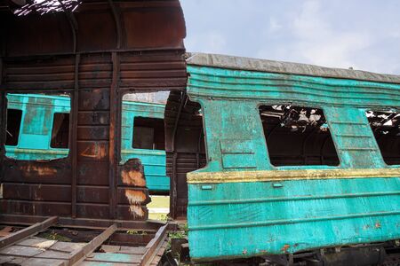 Wreckage of the russian passenger train, which is used for the simulation of train accident at the training ground of the Noginsk Rescue Center. City of Noginsk, Moscow region, Russiaの写真素材