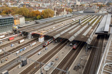 ZUERICH, SWITZERLAND - NOVEMBER 9, 2019. Top view of the railways of the Central Railway station. City of Zuerich, Switzerland, Europe.のeditorial素材