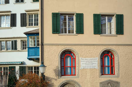 ZUERICH, SWITZERLAND - NOVEMBER 9, 2019. Medieval house named Haus zum Loch of 13th century in the...