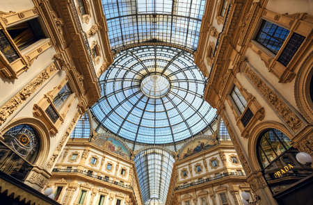 MILAN, ITALY - APRIL 17, 2018. Galleria Vittorio Emanuele II from inside the arcade. View of the glass dome. City of Milan, region of Lombardy, Italy, Europe.のeditorial素材