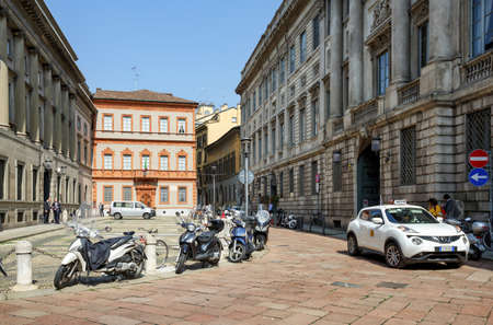MILAN, ITALY - APRIL 17, 2018. Belgioioso square in historical center. View of the Manzoni House and...