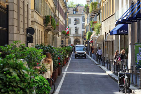 MILAN, ITALY - APRIL 17, 2018. View of the Via Gesu Street in the historical town center. City of Milan, region of Lombardy, Italy, Europe.のeditorial素材