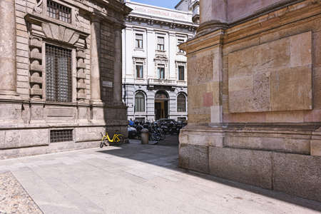 MILAN, ITALY - APRIL 17, 2018. View from the Saint Fedele Square at 3 historical buildings - Palazzo Marino, Church of St. Fedele and Palace of the Banca Commerciale Italiana. Milan, Lombardy, Italy.のeditorial素材