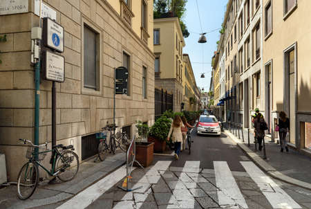 MILAN, ITALY - APRIL 17, 2018. View of the Via Gesu Street in the historical town center. Pedestrian crosswalk. City of Milan, region of Lombardy, Italy, Europe.のeditorial素材