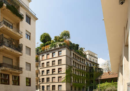 MILAN, ITALY - APRIL 17, 2018. View of the houses in the Sant Erasmo Square on a spring sunny day. High-rise buildings with roof garden. City of Milan, region of Lombardy, Italy, Europe.のeditorial素材