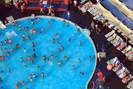 KAZAN, RUSSIA - AUGUST 06, 2020. Outdoor swimming pools of the Riviera entertainment complex. Aerial view of the water park. City of Kazan, Republic of Tatarstan, Russia.のeditorial素材