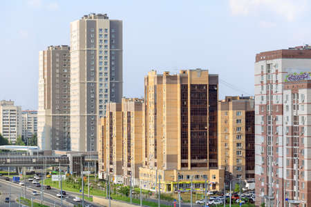 KAZAN, RUSSIA - AUGUST 06, 2020. New high rise residential buildings on Fatima Amirkhan street as viewed from the Ferris wheel near Riviera complex. Novo-Savinovskiy distict, Kazan, Tatarstan, Russia.のeditorial素材