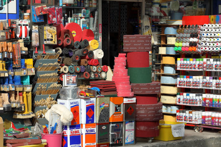 ISTANBUL, TURKEY - OCTOBER 06, 2020. Market of building and finishing materials in the street. Commercial quarter Karakoy in the Beyoglu district of Istanbul, Turkey.のeditorial素材