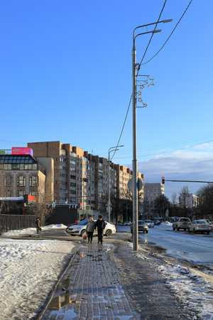 BALASHIKHA, RUSSIA - MARCH 19, 2021. Residential neighborhood on the spring sunny day. View of the Sverdlova street. City of Balashikha, Moscow oblast, Russia.のeditorial素材