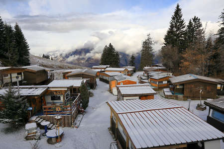FLUMSERBERG, SWITZERLAND - NOVEMBER 27, 2021. Flumserberg - resort area in the Swiss Alps. View of...