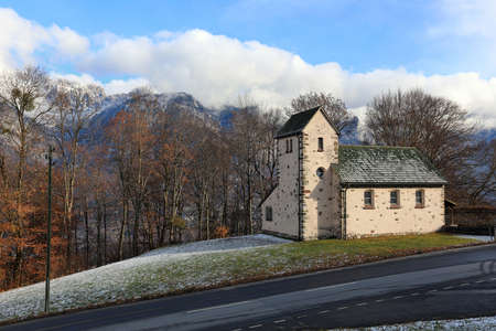 FLUMS, SWITZERLAND - NOVEMBER 27, 2021. Friedenskapelle church in Flumserberg - resort area in the Swiss Alps. Canton of St. Gallen, Glarus Alps region, Switzerland, Europe.のeditorial素材
