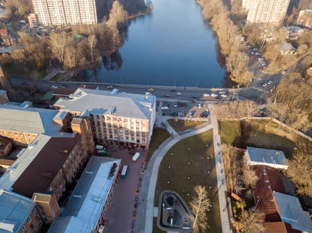 BALASHIKHA, RUSSIA - NOVEMBER 1, 2021. Top view of historical center. View of the old cotton factory and new children playground neat it. City of Balashikha, Moscow oblast, Russia.のeditorial素材