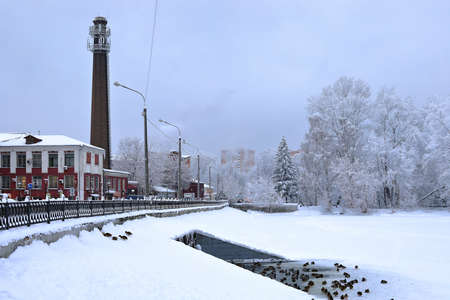 BALASHIKHA, RUSSIA - DECEMBER 15, 2021. Historical center in the winter. View of the old cotton factory. City of Balashikha, Moscow oblast, Russia.のeditorial素材