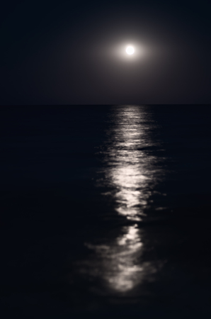 moon in the night blue sky, sea horizon, waves, reflection of light. Vertical compositionの写真素材