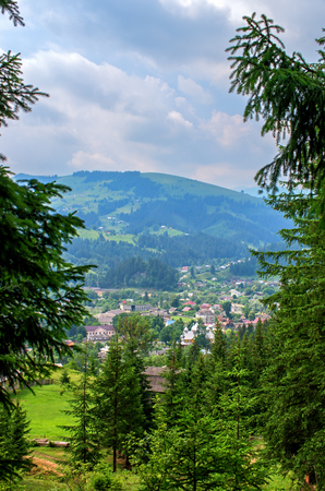 view of the village in the mountains, pinesの写真素材