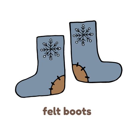 Russian felt boots in vector isolated on white background. Warm winter shoes with bright folk ornament.のイラスト素材