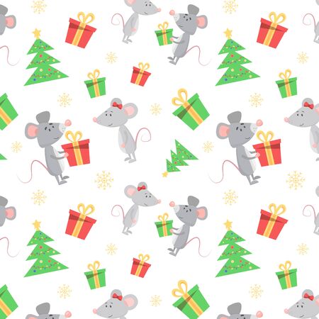 New year pattern with two cute mouses, christmas present.のイラスト素材