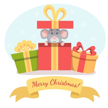 Little cute mouse peeks out of gift box and wish you a Merry Christmas. Vector illustration for postcardのイラスト素材