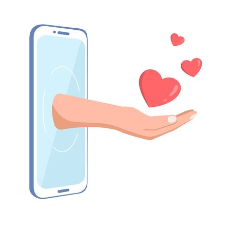 Hand giving heart from smartphone, love at a distance. Vector illustrationのイラスト素材